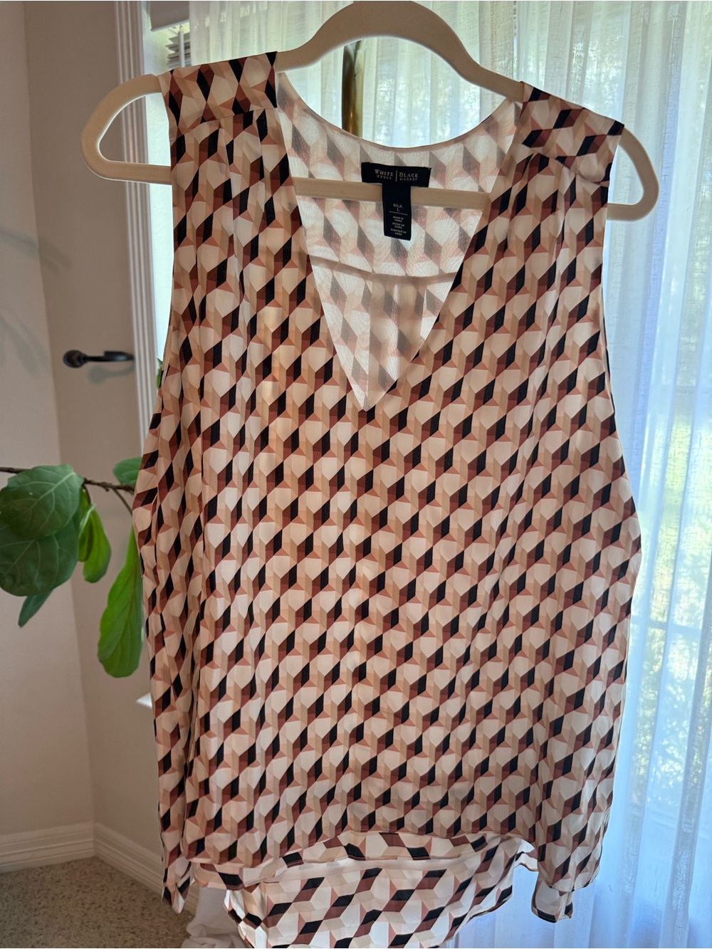 White House Black Market silk Tan and Black Geometric V-Neck Sleeveless Shell